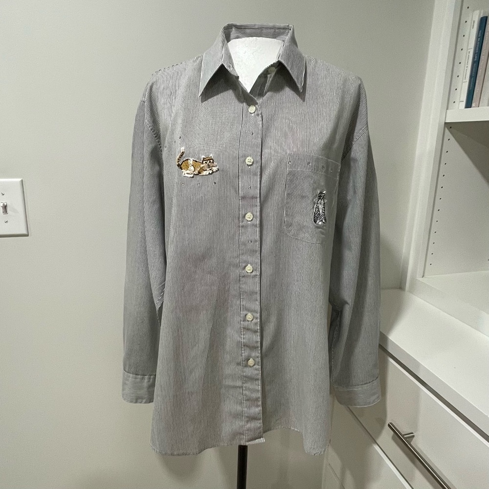 Get Lucky Stripe Button Down Long Sleeves Cat Rhinestones Casual Lightweight